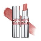 Batom YSL LOVESHINE na cor 10 Stardust Love, mostrado aberto e fechado com uma amostra de textura rosa brilhante.