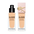 Base YSL All Hours Glow, duas embalagens que exibem luminosidade natural e acabamento semelhante à pele, uma com pump e a outra com tampa rosa.