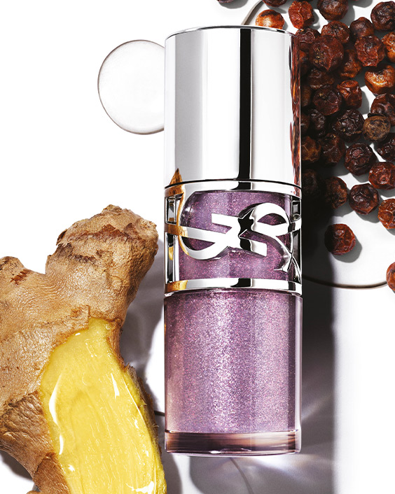 YSL LOVESHINE Plumping Gloss in shade 1, with ginger and peppercorns, on a white background.